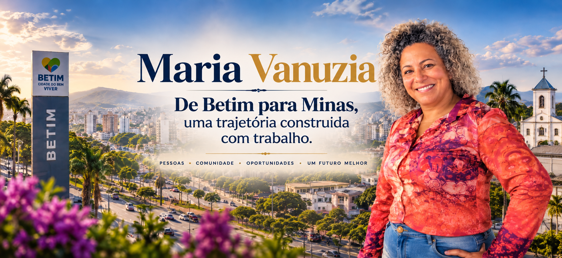 Maria Vanuzia em composição visual com panorama de Betim, Minas Gerais.